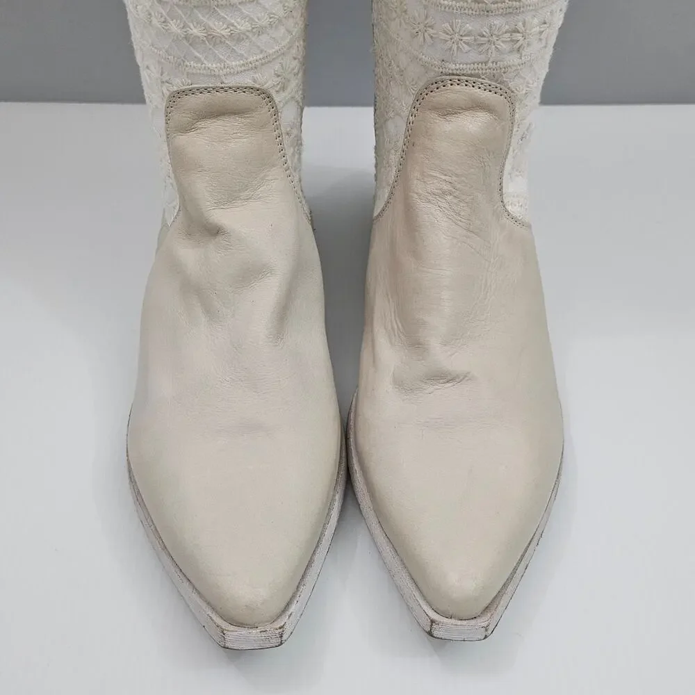 Free People Bren Knee High Boot Womens EU 38 Cream Embroidered Boho Slouchy NEW